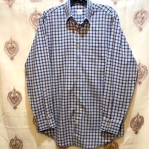 MEN PETER MILLAR BLUE/WHITE PLAID DRESS SHIRT POCKET CURVED HEM SZ 15.5